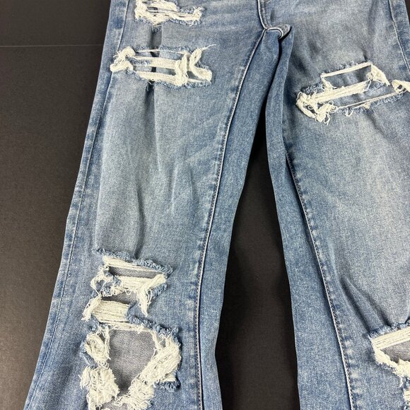 American Eagle Jean Women 27x30 Super Hi Rise Flare Blue Distressed Denim Tag 4L - Picture 4 of 16